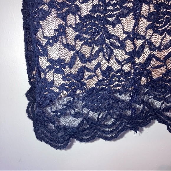 Candalite Scalloped Stretch Lace Cut out Back Navy Blue Tan Dress M - Picture 6 of 7